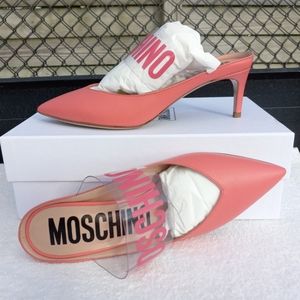 NEW MOSCHINO LEATHER PUMPS PINK WITH CLEAR LOGO ACROSS VAMP SZ 38